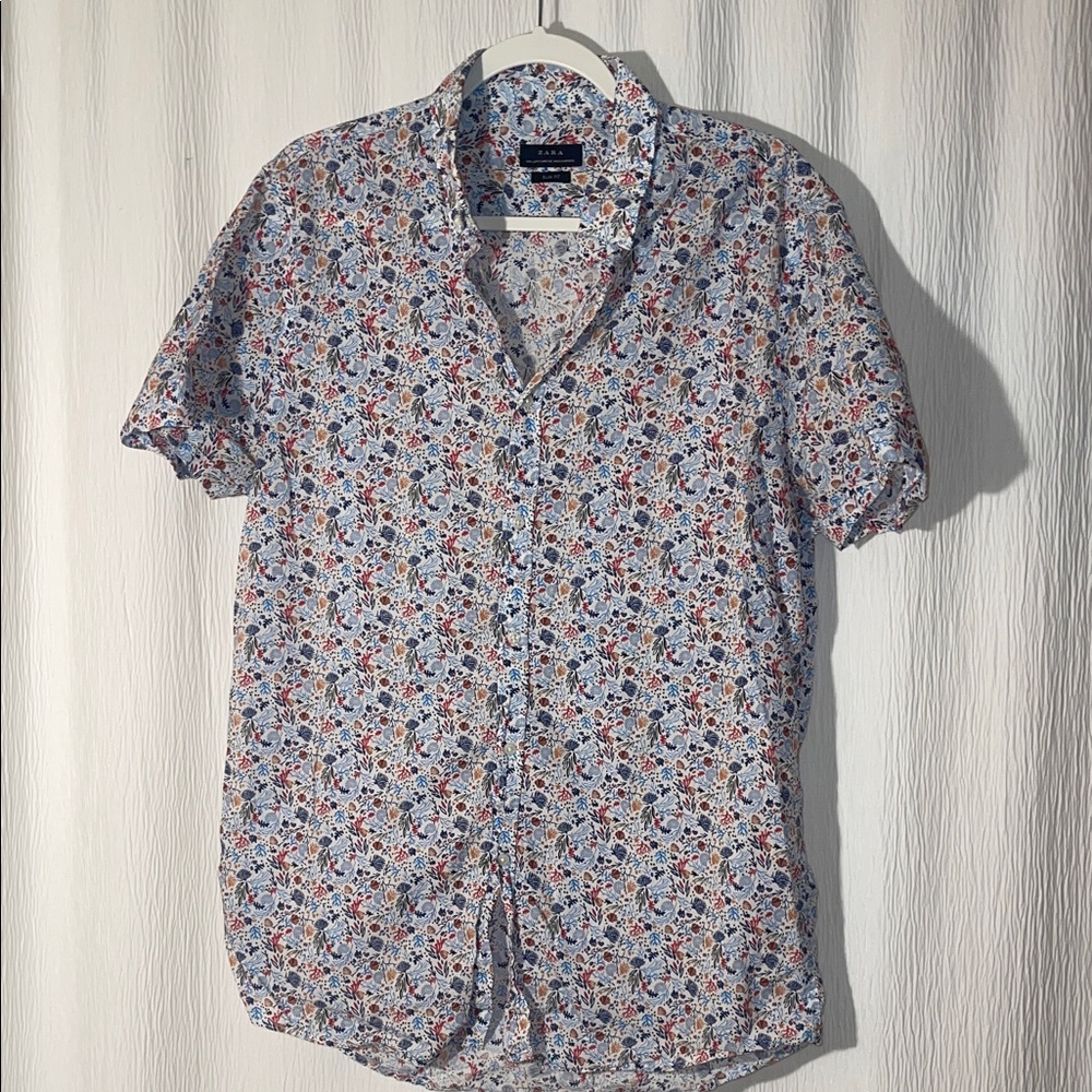 Zara Men's Floral Button Down Shirt - Blue and Red